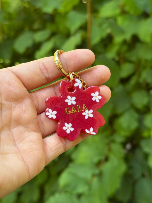 Médaille personnalisée pour chien - Rouge fleuri