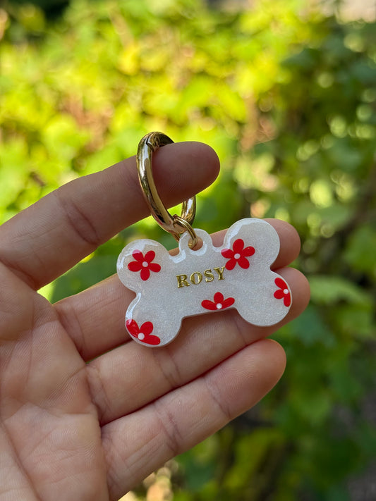 Médaille personnalisée pour animaux - Blanc fleuri rouge